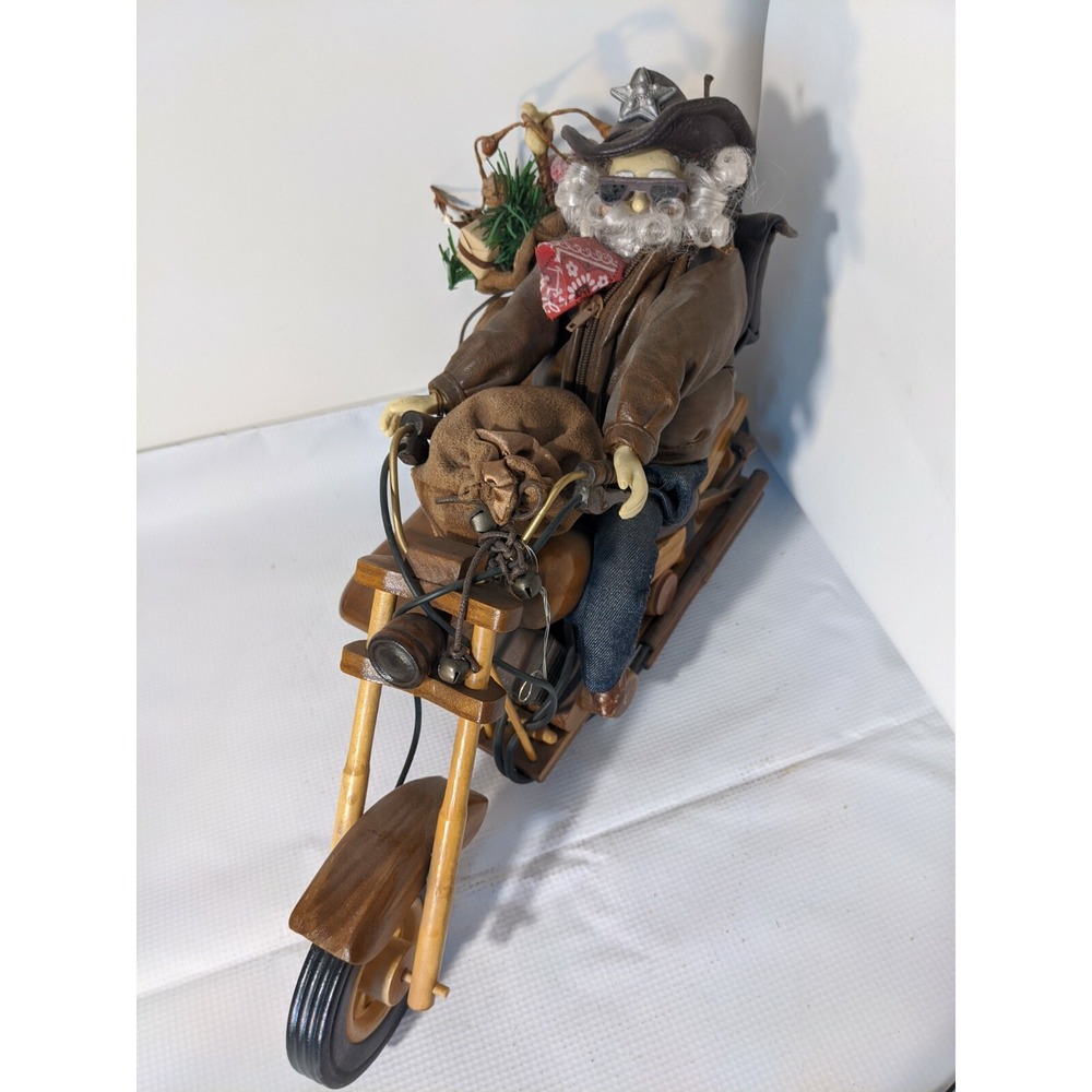 Santa Figure Riding‎ Motorcycle Sidecar Leather Jacket Wood Christmas 14 Inches